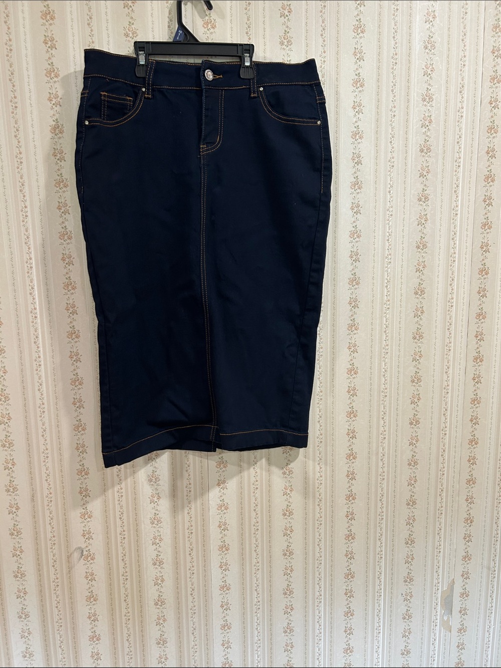 Navy High-Waist Pencil Skirt with Contrast Stitching